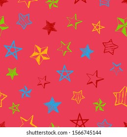 Seamless background of doodle stars. Colorful hand drawn stars on red background. Vector illustration