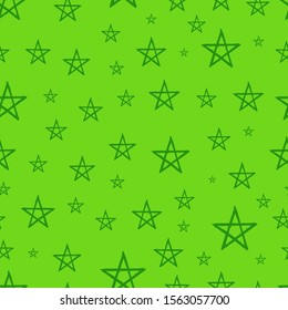 Seamless background of doodle stars. Green hand drawn stars on green background. Vector illustration
