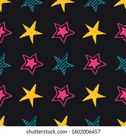 Seamless background of doodle stars. Multicolor hand drawn stars on black background. Vector illustration