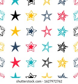 Seamless background of doodle stars. Multicolor hand drawn stars on white background. Vector illustration
