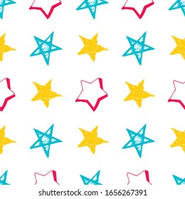 Seamless background of doodle stars. Multicolor hand drawn stars on white background. Vector illustration
