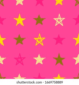 Seamless background of doodle stars. Multicolor hand drawn stars on pink background. Vector illustration