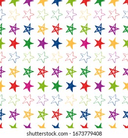 Seamless background of doodle stars. Multicolor hand drawn stars on white background. Vector illustration
