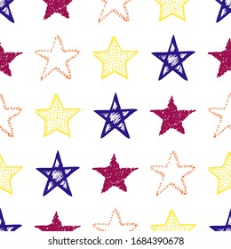 Seamless background of doodle stars. Multicolor hand drawn stars on white background. Vector illustration