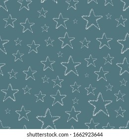 Seamless background of doodle stars. White hand drawn stars on dark background. Vector illustration