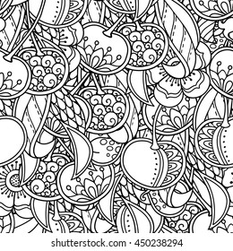 Seamless background in doodle style. Floral, ornate, decorative, vector design elements. Black and white monochrome pattern. Branches, leaves, berries, flowers, cherry. Zentangle coloring book page