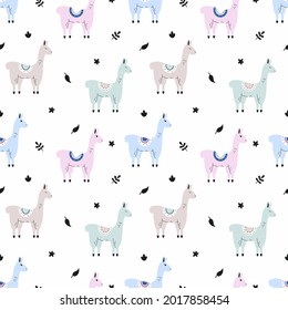 Seamless background with doodle style lama. Background for sewing clothes and printing on fabric. Decor of children's room.