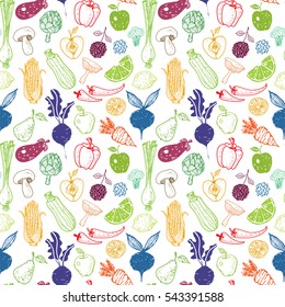 Seamless background with doodle vegetables and fruits. Vector sketch illustration. Can be used for wallpaper, pattern fills, textile, web page background, surface textures. 