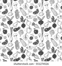 Seamless background with doodle vegetables and fruits. Vector sketch illustration.