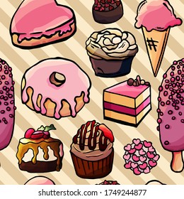 Seamless background with doughnuts, ice-creams, cupcake and candies with berries