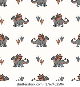 Seamless background dragon with foot print gender neutral baby pattern. Simple whimsical minimal earthy 2 tone color. Kids nursery wallpaper or boho cartoon animal fashion all over print.