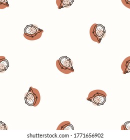 Seamless background dragon fruit. Gender neutral kid food pattern. Simple whimsical minimal earthy 2 tone color. Baby nursery wallpaper or boho decorative gardening decor all over print. 