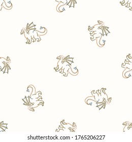 Seamless background dragon gender neutral baby pattern. Simple whimsical minimal earthy 2 tone color. Kids nursery wallpaper or boho cartoon animal fashion all over print.