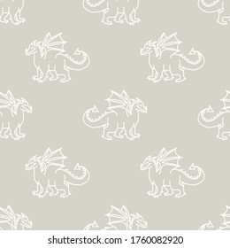 Seamless background dragon reptile gender neutral baby pattern. Simple whimsical minimal earthy 2 tone color. Kids nursery wallpaper or boho cartoon animal fashion all over print.