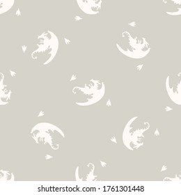 Seamless background dragon reptile gender neutral baby pattern. Simple whimsical minimal earthy 2 tone color. Kids nursery wallpaper or boho cartoon animal fashion all over print.