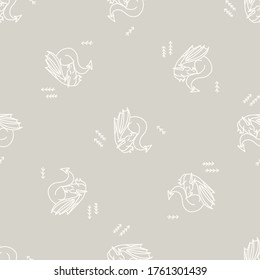 Seamless background dragon reptile with plant gender neutral baby pattern. Simple whimsical minimal earthy 2 tone color. Kids nursery wallpaper or boho cartoon animal fashion all over print.