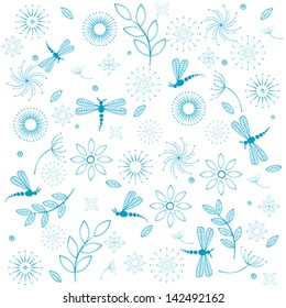 Seamless background with dragonflies and flowers