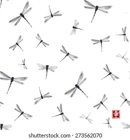 Seamless background with dragonflies hand-drawn in traditional Japanese style sumi-e. Can be used for wallpaper, pattern fills, textile, web page background Sealed with hieroglyphs "happiness", 