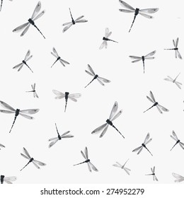 Seamless background with dragonflies hand-drawn in traditional Japanese style sumi-e. Can be used for wallpaper, pattern fills, textile, web page background, surface textures.Vector illustration.