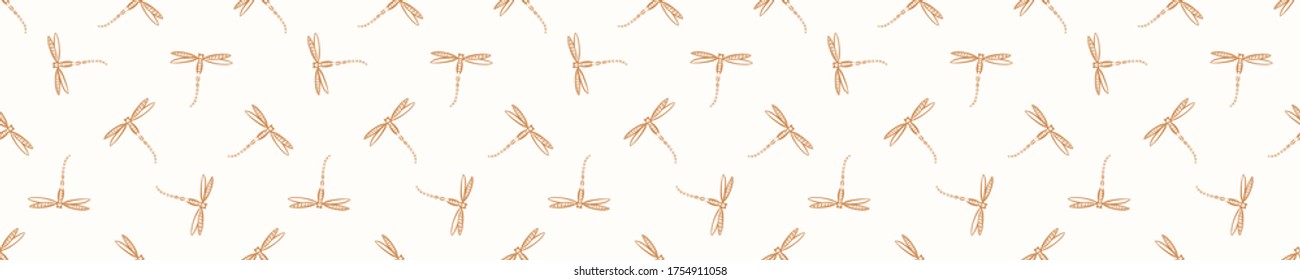 Seamless background dragonfly banner. Gender neutral baby pattern. Simple whimsical minimal earthy 2 tone color. Kids nursery insect border or boho fashion tribbon trim