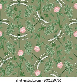 seamless background with dragonfly and clover, vector design for paper, fabric and other surfaces