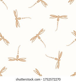 Seamless background dragonfly gender neutral baby pattern. Simple whimsical minimal earthy 2 tone color. Kids nursery wallpaper or boho insect animal fashion all over print.