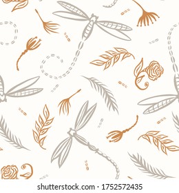 
Seamless background dragonfly gender neutral baby pattern. Simple whimsical minimal earthy 2 tone color. Kids nursery wallpaper or boho insect animal fashion all over print.