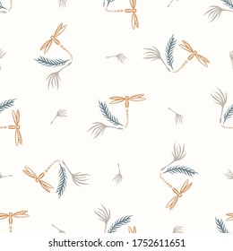 Nahtlose Hintergrund-Drachenfliege geschlechtsneutrales Babymuster. Einfache minimale Erdung 2 Töne Farbe. Kinder Kindermädchen oder Boho Insektenmode auf dem ganzen Druck.
