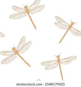 Seamless background dragonfly gender neutral baby pattern. Simple whimsical minimal earthy 2 tone color. Kids nursery wallpaper or boho insect animal fashion all over print.