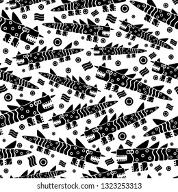 seamless background with dragons, crocodiles or monitor lizards. black on white background, vector illustration eps 10