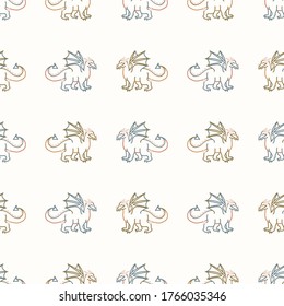 Seamless background dragons gender neutral baby pattern. Simple whimsical minimal earthy 2 tone color. Kids nursery wallpaper or boho cartoon animal fashion all over print.