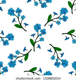 Seamless background of drawing blue flowers forget-me-nots. Endless pattern for your design.