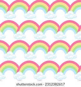 Seamless background drawing of a cartoon rainbow unicorn with clouds. Cute ornament on white background. Template for fabric, packaging, baby showers, holiday. Vector illustration.