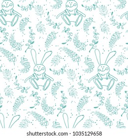 Seamless background with drawing leaves and rabbit. Vector illustration