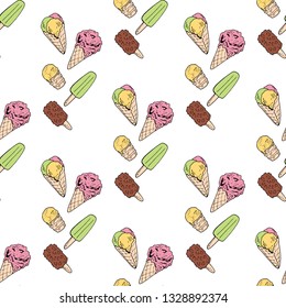 Seamless background of drawing multicolored ice cream cones. Endless pattern with colorful ice cream for your design. 
