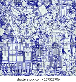Seamless background. Drawing old engine on graph paper. 