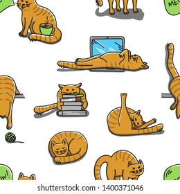 Seamless background with drawing red cat in different situations. Cartoon vector pattern with pet in different poses.