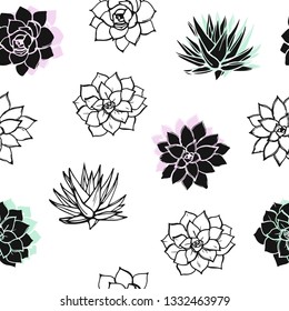 Seamless background with drawing succulents or plants. Pattern with hand drawn ink sketch of succulents.