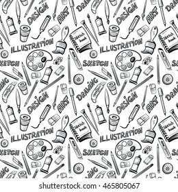 Seamless background with drawing tools. Vector pattern. Tolls for drawing and education concept. Can be used for wallpaper, pattern fills, textile, web page background, surface textures.