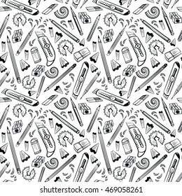 Seamless background with drawing tools. Vector pattern. Tolls for drawing and education concept. Can be used for wallpaper, pattern fills, textile, web page background, surface textures.