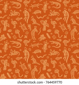 Seamless background with drawings of Australian animals in ethnic style