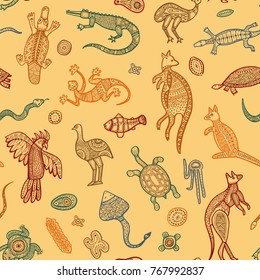 Seamless background with drawings of Australian animals in ethnic style