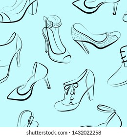 Seamless background with drawings contour of silhouettes of women's shoes. Dark stylish contours of women's shoes on light pastel background.