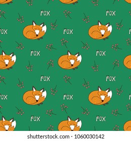 seamless background with drawings of foxes on a green background with inscription and berries