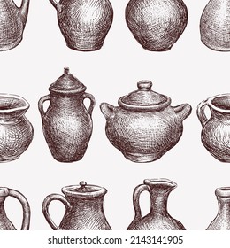 Seamless background of drawings various clay jugs, pots and pans