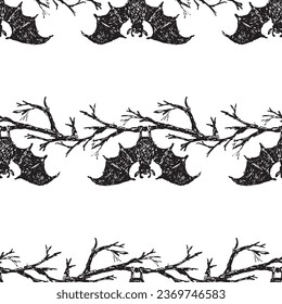 Seamless background of drawn bats on tree branches in Halloween night