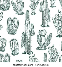 Seamless background of the drawn cactuses