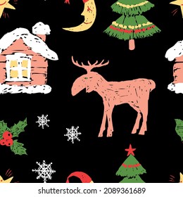 Seamless background of drawn cartoon christmas symbols,fir tree, elk, holly, crescent, rural house