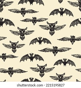 Seamless background of drawn cartoon flying owls, crows, bats in halloween