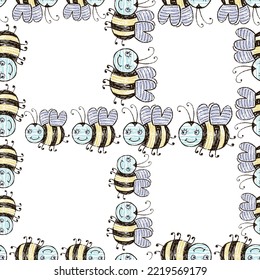 Seamless background of drawn cartoon flying cheerful bees